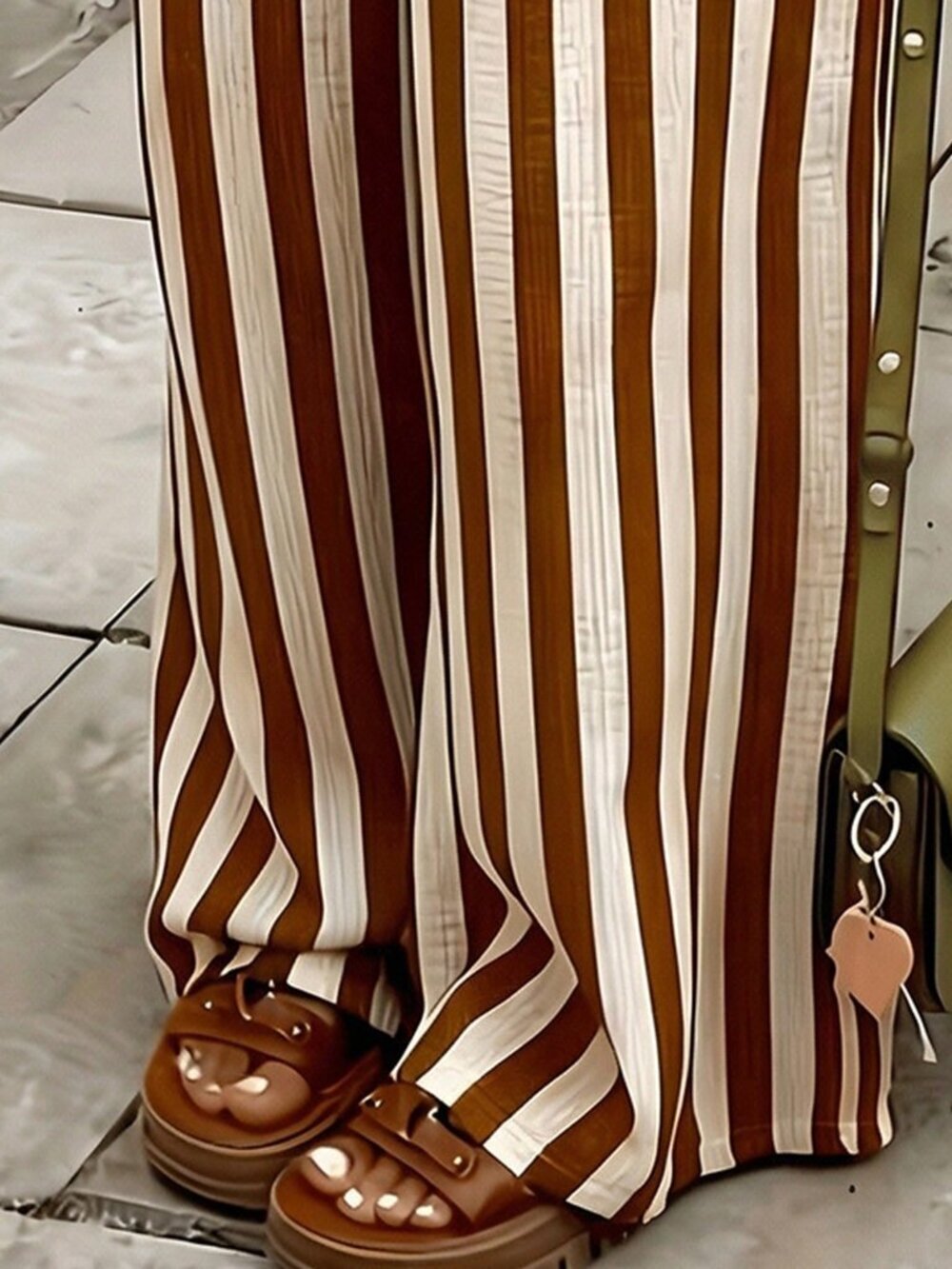 Brown Casual Women's Striped Woven Wide Leg Beach Pants - Picture 5 of 5